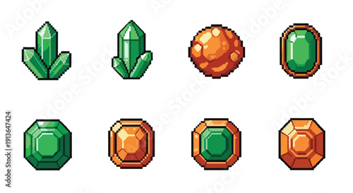 A collection of pixel art assets featuring various green crystal formations, an orange textured sphere, and emerald-cut gemstones, some framed in gold.