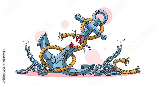 A vividly illustrated broken anchor with fractured metal and snapped ropes, symbolizing instability, failure, and the end of security.