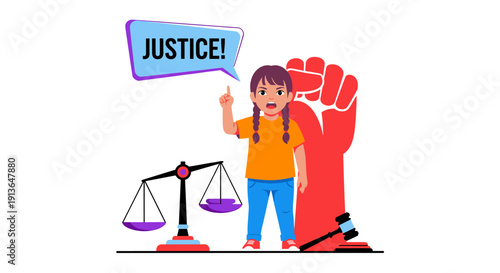 A determined young girl stands asserting her demand for justice, symbolizing advocacy and the fight for fairness in a modern world.