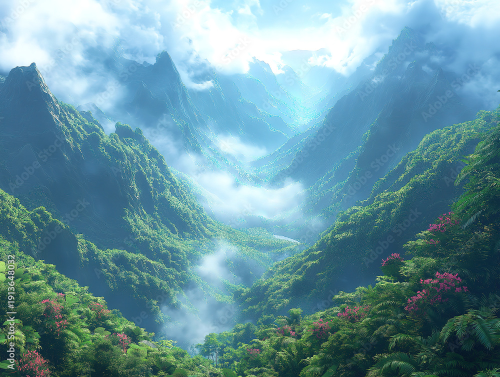 Obraz premium Fog Draping Over a Vibrant Green Valley Landscape