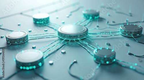 Sleek futuristic technology hub with glowing cyan connections linking circular server units, conceptualizing data management and network infrastructure.