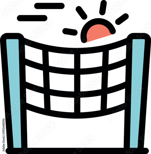 Volleyball net under a shining sun with fast motion lines, symbolizing a dynamic and exciting game