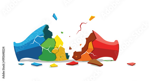 Vibrant, multi-colored ceramic pots shattering into numerous fragments, symbolizing destruction, conflict, or the breaking of a barrier.