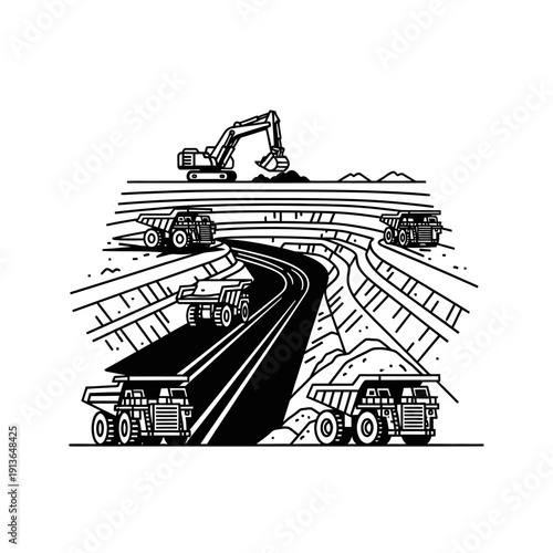 Mining site with excavators and dump trucks in operation.