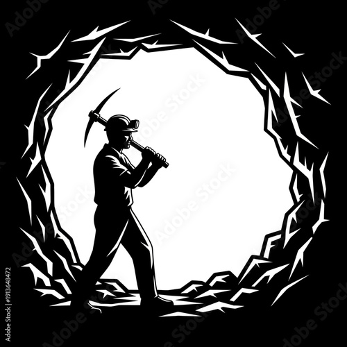 Miner standing in a rocky excavation site with pickaxe.