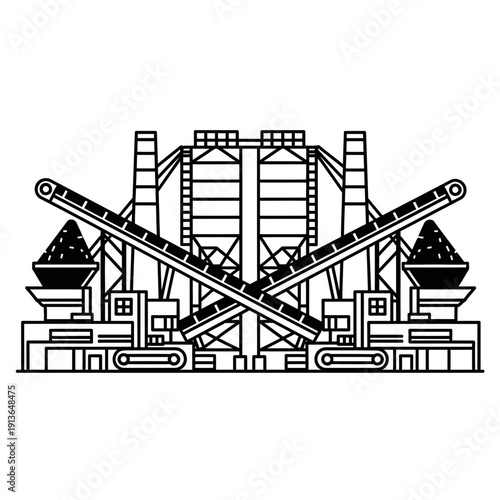 Industrial facility with conveyor belts and silos illustration.