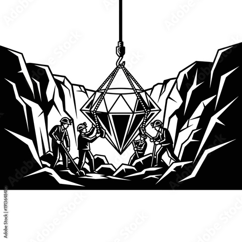 Men extracting a large diamond from the ground with a crane.