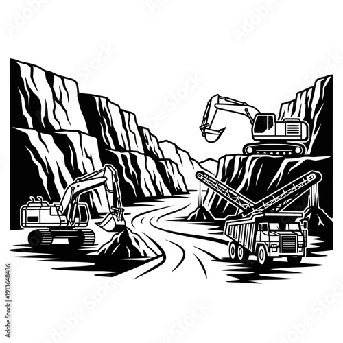 Heavy machinery operating in a quarry or mining site.