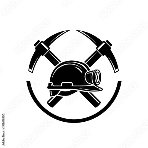 Mining logo with crossed pickaxes and hard hat in a circular frame.