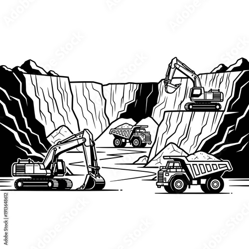 Heavy machinery operating in an open pit mine with excavators and dump trucks.