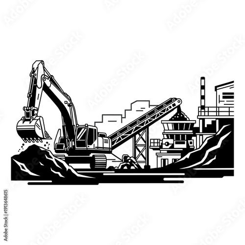Industrial mining operation with excavator and conveyor belt.