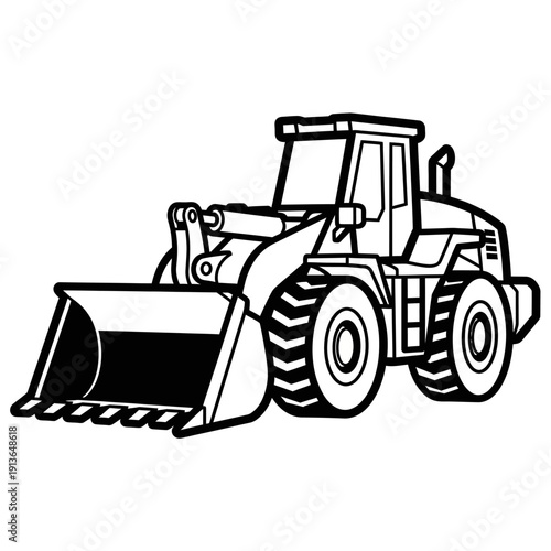 Black and white illustration of a front end loader on a white background.