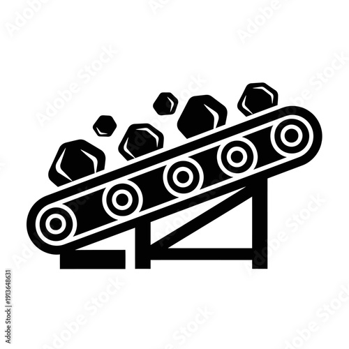Conveyor belt transporting rocks and stones in industrial setting.