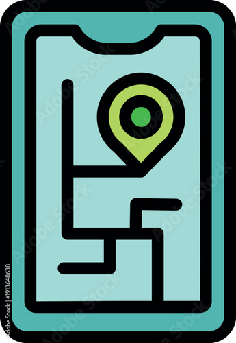 City map displayed on smartphone screen is showing gps tracking with marked location