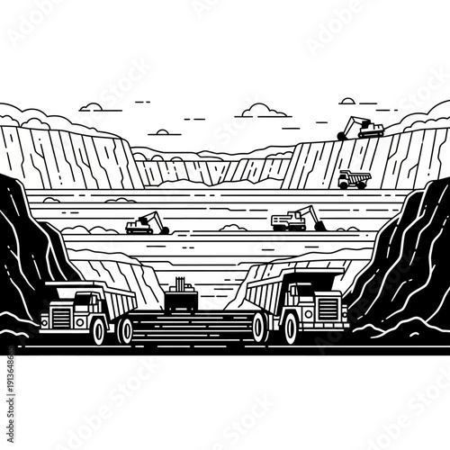 Mining operation with heavy machinery and trucks in an open pit mine.
