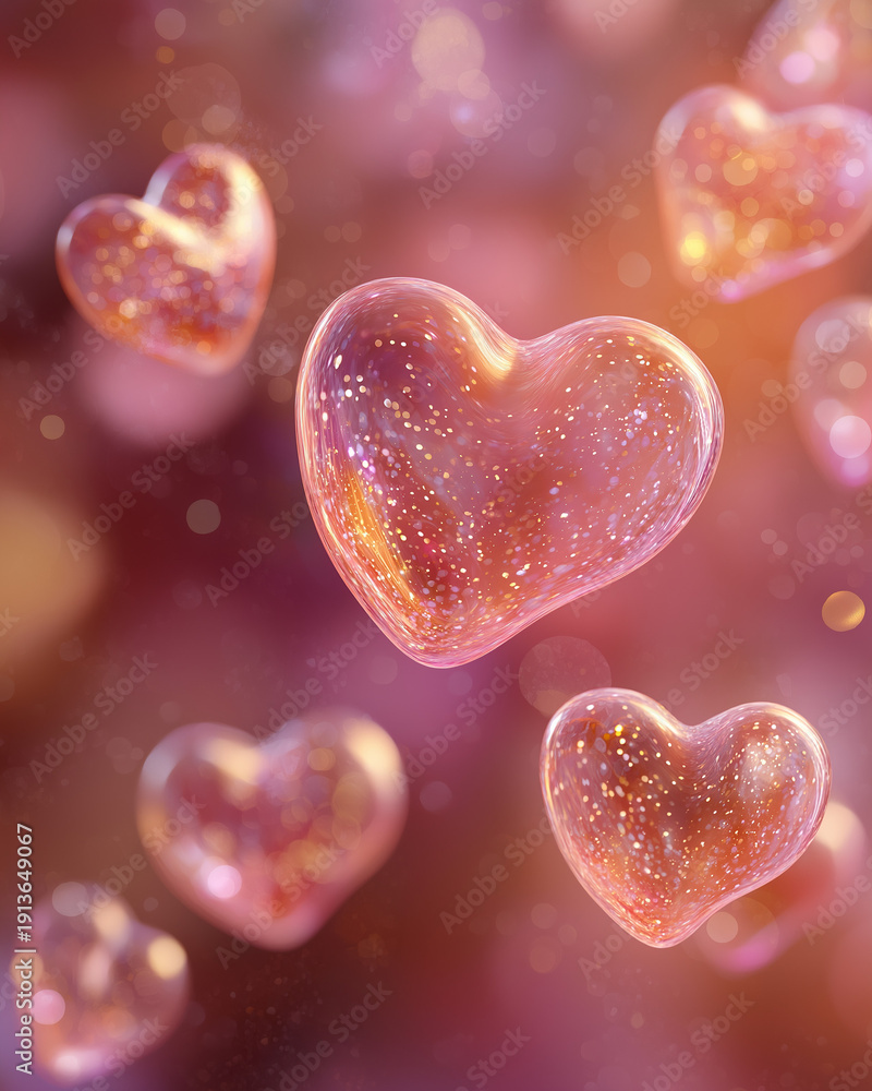 Fototapeta premium Glittering Hearts: Capturing the essence of love and romance, a collection of sparkling hearts floats delicately in the air, a symbol of affection and tenderness.