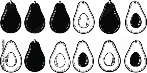 Black and white vector icon set of whole and halved avocados in silhouette and line art styles isolated on a white background.