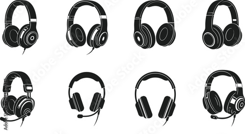 Black and white vector icon set of various professional gaming and office headsets with microphones isolated on white background for audio technology.