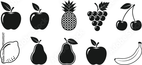 Black and white vector icon set of fresh fruits including apples pineapple grapes cherries lemon pears and banana isolated on white background.