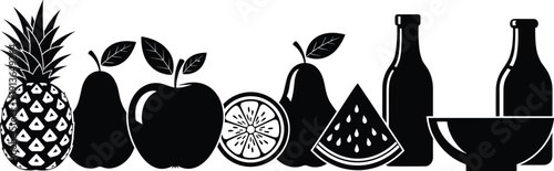 Black silhouette set of tropical fruits including pineapple apple pears watermelon and orange with two glass bottles and a bowl on white.