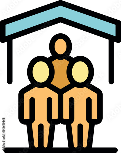 Refugees standing together under a shelter, symbolizing aid and protection for displaced people