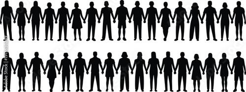 Silhouettes Of People Holding Hands In Two Rows On White Background vector illustration