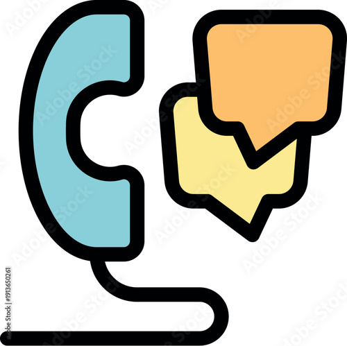 Landline telephone handset with two speech bubbles representing ongoing conversation and communication