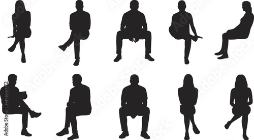 Silhouettes of men and women sitting in various poses on a white background Keywords: people, silhouette, sitting, pose