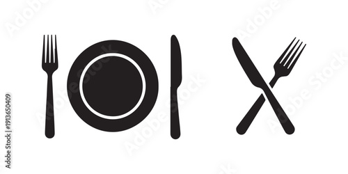 Fork knife and spoon set on a plate isolated on white background for food and restaurant design