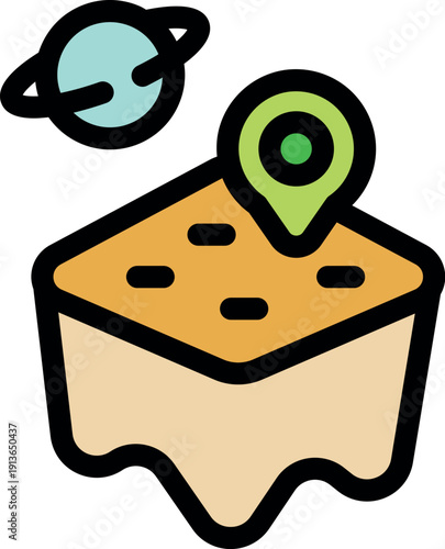 Cartoon icon of a location pin marking a potential landing spot on a new planet