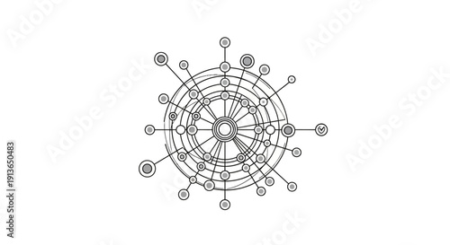 A global network grid system illustration featuring a structured circular grid with interconnected nodes representing worldwide communication, data exchange, and digital connectivity. The symmetrical 