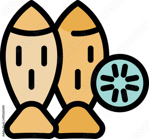 Two fish shaped breaded surimi sticks and a portion of wasabi paste, ready to be eaten