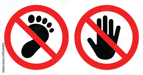 No Step and Do Not Touch icons, flat vector prohibition symbols for barefoot restriction and hand entry ban, isolated on white background, ideal for warning labels, stickers, public signage, apps, and