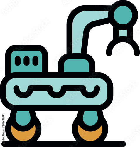 Futuristic rover traversing alien terrain, utilizing its robotic arm for sample collection and planetary exploration