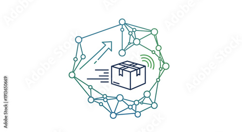 A decentralized blockchain network illustration displaying interconnected nodes forming a secure circular structure around a central digital cube. The geometric line design symbolizes distributed syst