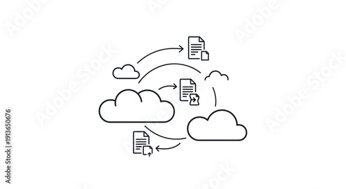 A cloud data transfer illustration featuring connected cloud elements exchanging digital files and information across network pathways. The clean line style design represents cloud computing, remote s