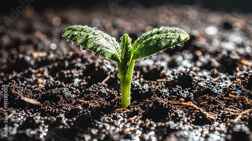 Young Seedling Emerging from Dark Soil.