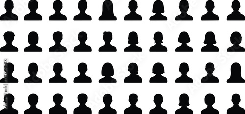Grid of 32 black human head and shoulder silhouette icons with varied hairstyles profile shoulders