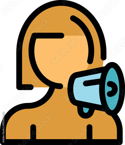 Simple icon style illustration of a woman making an announcement using a megaphone, representing communication and public speaking