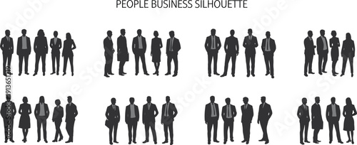 Diverse group of business people in silhouette standing in various poses Keywords: business, people, silhouette, group, standing