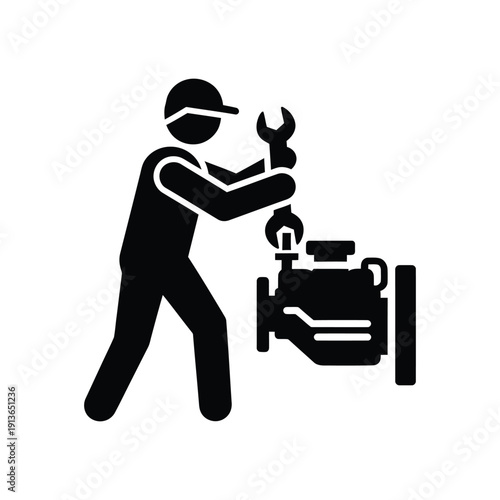 Mechanic working on car engine, performing maintenance and repair service in garage or workshop