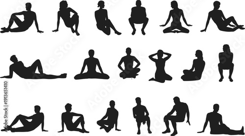 Collection of diverse human body silhouettes in relaxed sitting and reclining poses person figure