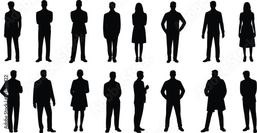 Collection of male and female silhouettes in business and casual attire on white background Keywords: business, people