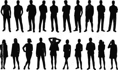 Collection of adult male and female silhouettes in standing poses Keywords: adults, men, women, silhouettes, standing, poses