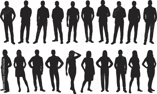 Assortment of adult male and female silhouettes in standing and dynamic poses Keywords: adults, men, women, silhouettes