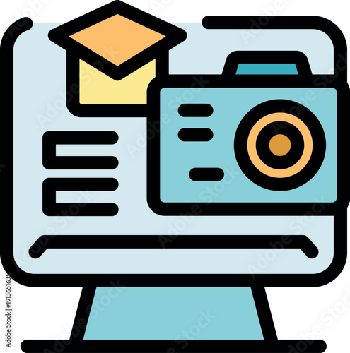 Photography education concept showing graduation cap and digital camera on computer monitor, representing online learning