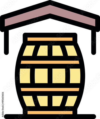 Winemaking equipment, wooden barrel aging, storing wine or beer in oak barrels under a canopy