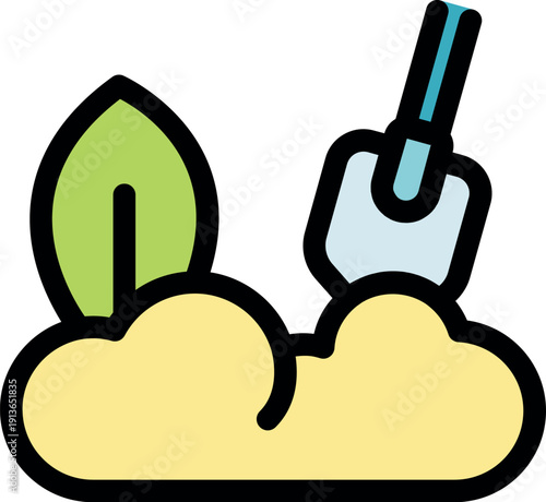 Gardening tools working soil with a green leaf growing, gardening and ecology concept