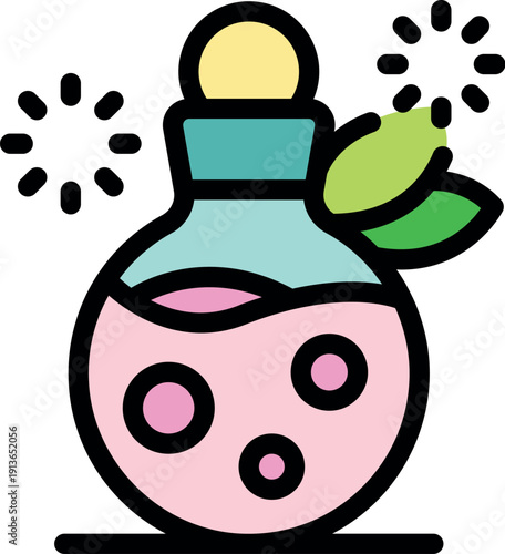 Magic potion bubbling in a glass jar, with green leaves and sparkles, suitable for fantasy, games, and witchcraft projects