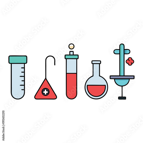 Set of medical laboratory icons featuring test tubes and chemical flasks for biotech study